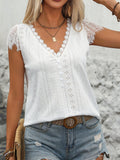 Eyelet Lace Detail V-Neck Cap Sleeve Top DJPT