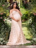 Solid Color Lace Off Shoulder Cap Sleeve Photoshoot Maternity Maxi Dress Maternity