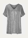 Size Sequin V-Neck Short Sleeve Top DJPT