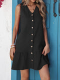 Button-Front Ruffle Hem Dress DJPT