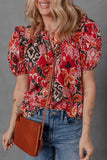 Print Split Neck Short Puff Sleeve Blouse DJPT