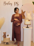 Brown 2-in-1 Solid Color Elegant Bodycon Baby Shower Maternity Maxi Dress Maternity