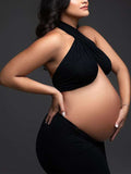 Black Cut Out Crop Thigh High Side Slits Ruched Knot Halter Neck Fashion Photoshoot Maternity Maxi Dress Maternity