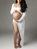 White Ruffle Cut Out Crop Side Slit Irregular Bodycon Photoshoot Maternity Maxi Dress Maternity