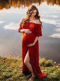 Off Shoulder Buttons Front Slit Open Train Elegant Photoshoot Maternity Maxi Dress Maternity