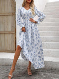 Printed V-Neck Flounce Sleeve Dress DJPT