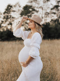 White Ruffle Ruched High Waist Puff Sleeve Cute Photoshoot Maternity Maxi Dress Maternity