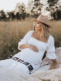 White Ruffle Ruched High Waist Puff Sleeve Cute Photoshoot Maternity Maxi Dress Maternity