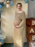 Solid Color Off Shoulder Hollow Out Knitwear Bodycon Beach Vacation Dress Baby Shower Maternity Maxi Dress Maternity