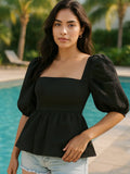 Square Neck Puff Sleeve Peplum Blouse DJPT