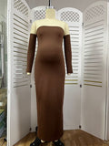 Brown Off Shoulder Long Sleeve Bodycon Elegant Going Out Maternity Photoshoot Baby Shower Party Maxi Dress Maternity