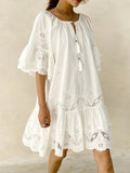 Embroidered Tassel Tie Neck Dress DJPT