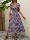 Size Printed V-Neck Short Sleeve Midi Dress DJPT