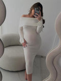 Off Shoulder Slit Flare Sleeve Bodycon Elegant Photoshoot Baby Shower Maternity Maxi Sweater Dress Maternity