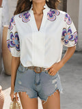 Print Notched Puff Sleeve Blouse DJPT