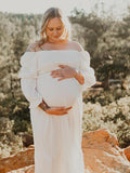 White Ruffle Ruched High Waist Puff Sleeve Cute Photoshoot Maternity Maxi Dress Maternity