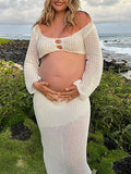White 2 Piece Crochet Mesh Backless Flare Sleeve Bodycon Vacation Beach Photoshoot Baby Shower Maternity Maxi Dress Maternity