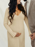 Knit Pleated Big Swing V-neck Plus Size Sweater Elegant Going Out Maternity Photoshoot Baby Shower Maxi Dress Maternity